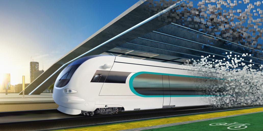 A futuristic train that is being formed by building blocks