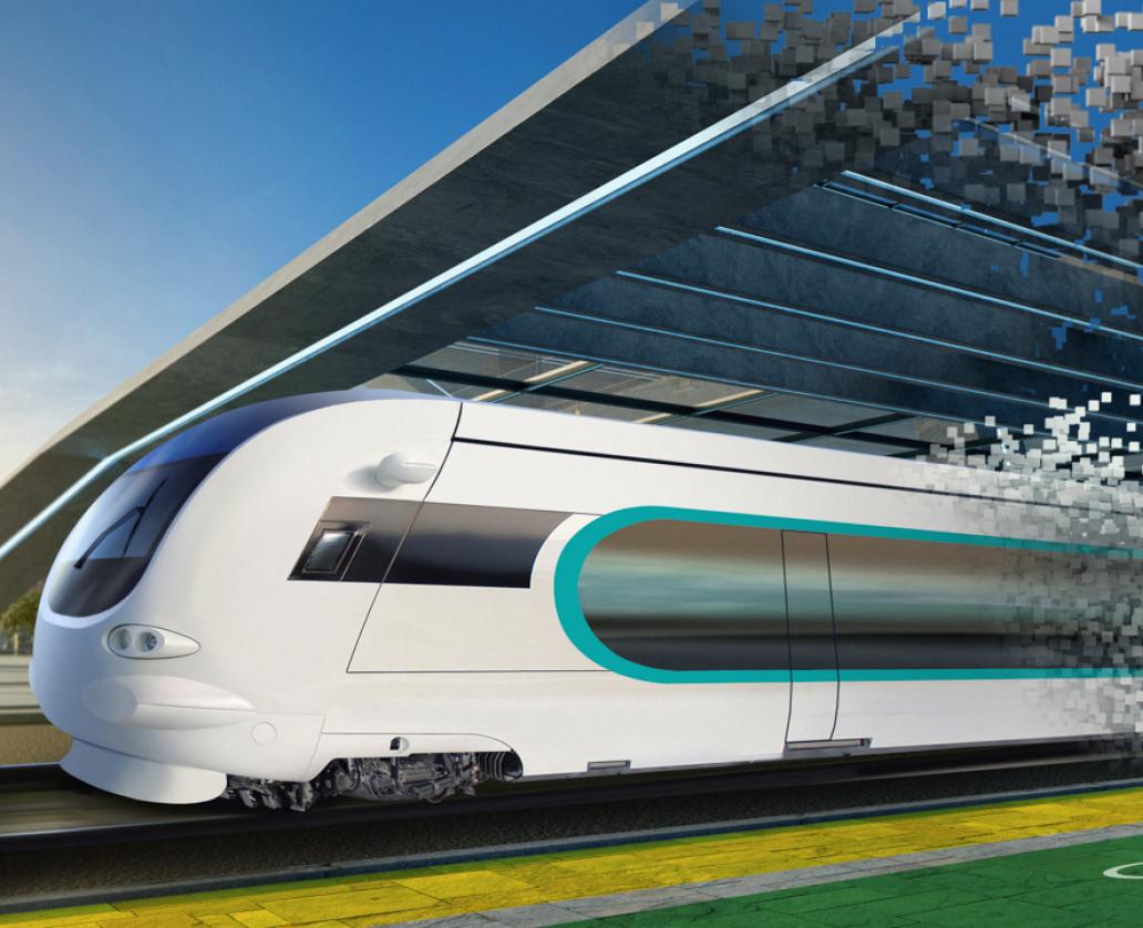 A futuristic train that is being formed by building blocks